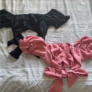 Off-Shoulder Tie Front Crop Top Duo - Black & Rose Pink